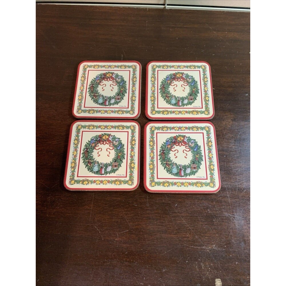 Vintage 12 Days Of Christmas Pimpernel Hard Coasters Cork Back Set Of 4